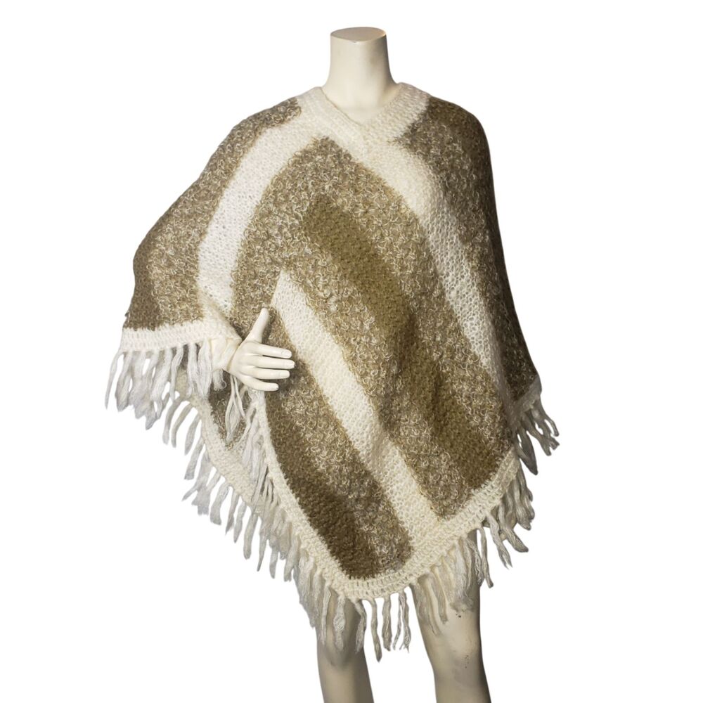 GIANNA Mohair And Wool Beige And Brown Poncho Shawl with Fringe One Size